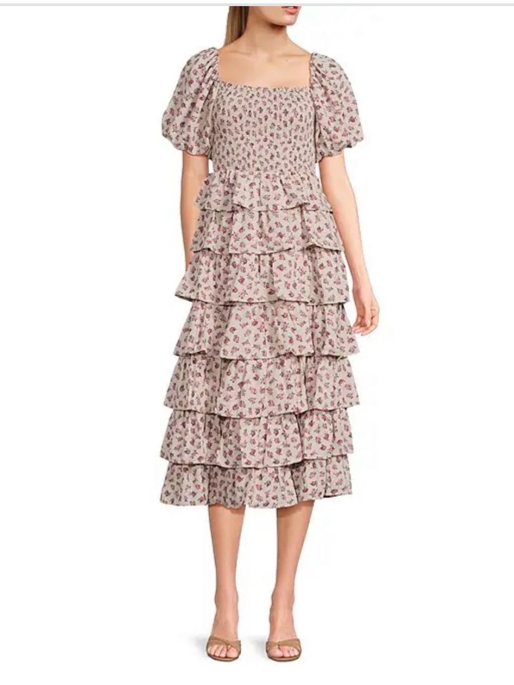 Ditsy Floral Print Puff Sleeve Smocked Bodice Tiered
Ruffle Midi Dress